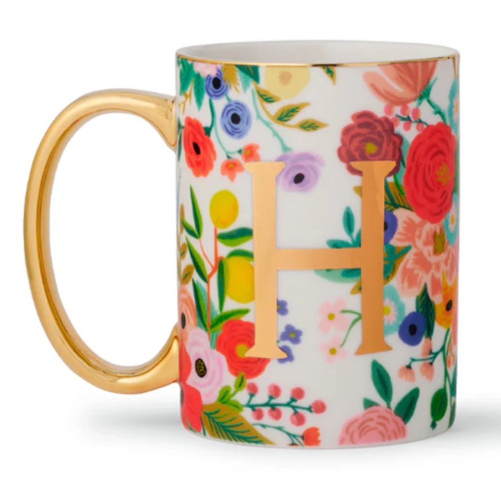 Rifle Paper Co for Anthropologie Floral Mug | Gold Monogram 16 oz ~ New